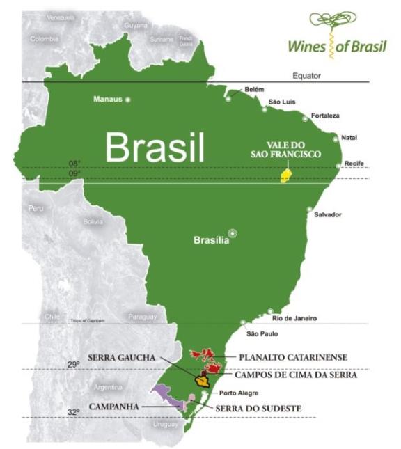Le vignoble brésielien est divisé en six régions : Serra Gaúcha, Campanha, Serra do Sudeste, Campos de Cima da Serra, Planalto Catarinense.