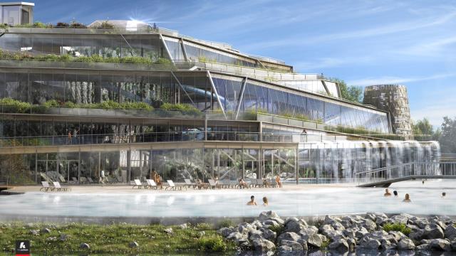 Le parc aquatique et le lagon geothermique.