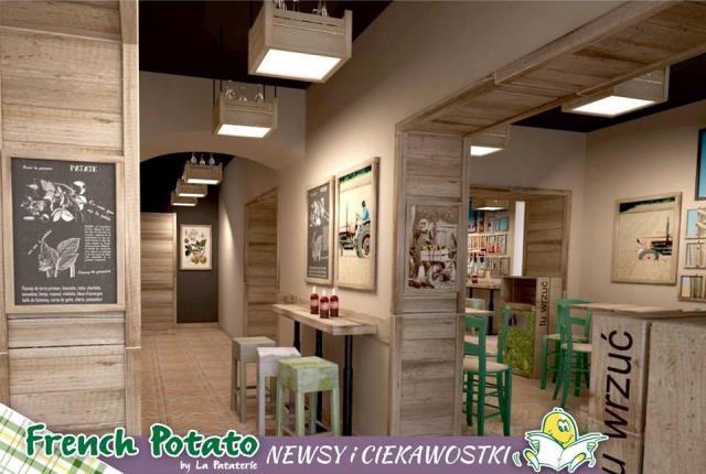 Le rez-de-chaussée du concept 'FrenchPotato by La Pataterie' qui ouvrira le 18 juin à Lodz, en Pologne, propose de la vente au comptoir avec 30 mange-debout : une première pour ce format pour le groupe La Pataterie.