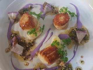 Noix de coquille Saint-Jacques de la baie de Saint-Brieuc avec gaspacho de choux rouge et...