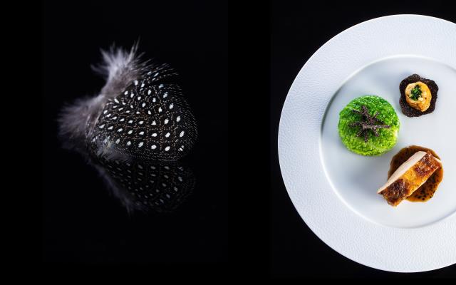 La Pintade  Rôtie sur coffre, chou paumé de Cognin et jus court à la truffe noire