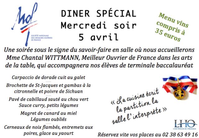 Dîner spécial au lycée de l'Orléannais mercredi 5 avril