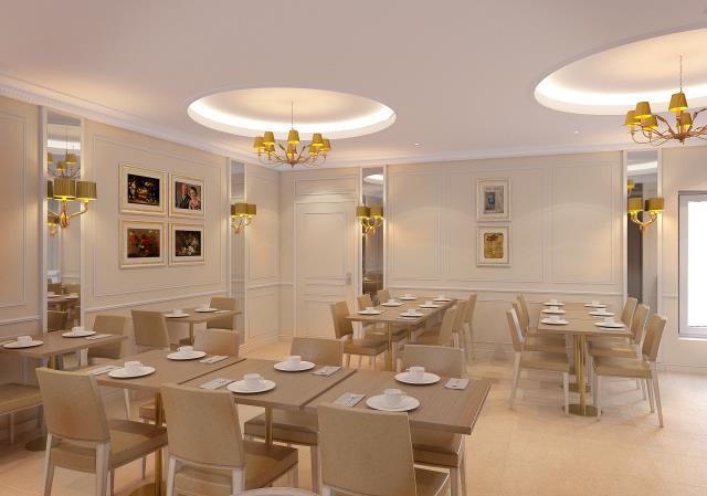 Le lobby se veut multifonction : ici, dans ce projet parisien, les tables de petit déjeuner peuvent, en journée, se faire table de travail.