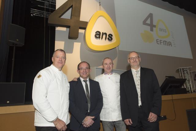 Des chefs étoilés pour fêter l'événement ! De gauche à droite, Patrick Henriroux (La Pyramide, Vienne), Thierry Joseph, directeur de l' EFMA, Philippe Girardon (Domaine de Clairefontaine, Chonas-l'Amballan) et Philippe Tiersen, président de la Chambre de 