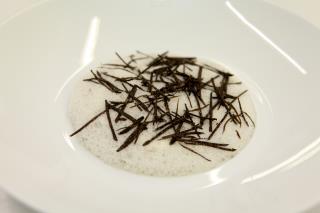 Royale de foie gras, légumes racines à la truffe, écume truffée.