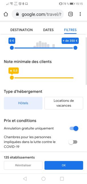 Le filtre 'annulation gratuite' dans Google Travel permet de voir uniquement les hôtels garantissant cette option.