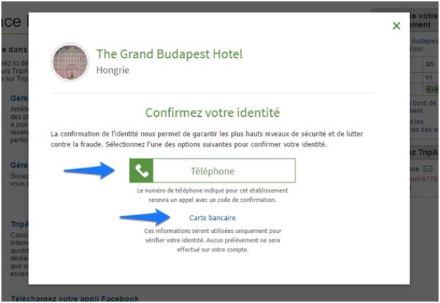 Tripadvisor propose deux méthodes pour réclamer la propriété d'une fiche : soit par empreinte bancaire, soit par téléphone.
