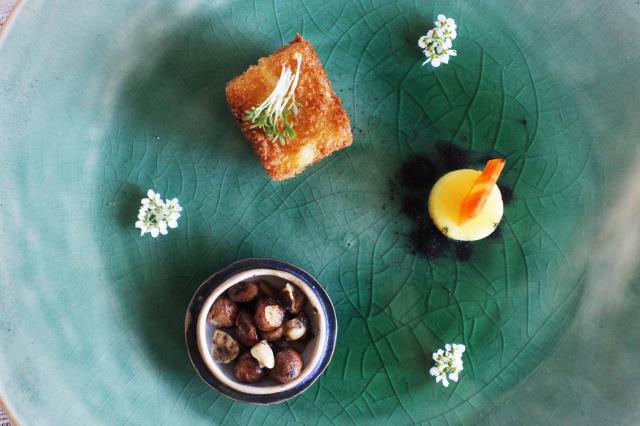 Le plat principal est une purée de carottes jaunes et gingembre avec des croquettes de maïs