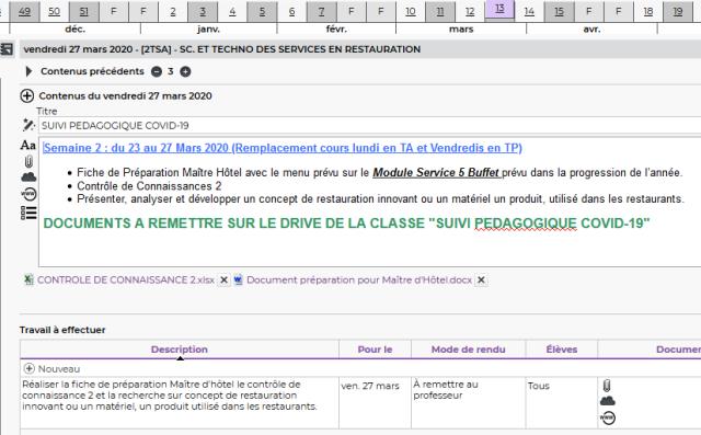 Extrait du cahier de texte numérique Pronote