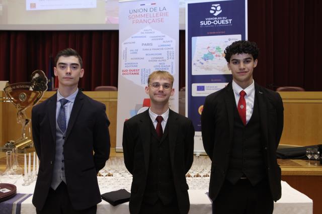 Les élèves sommeliers qui ont disputé la finale : Julien Bompard, Victor Gréau et Mattis Sklarz.
