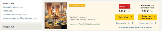 À l'emplacement d'affichage des tarifs, une option 'réservez maintenant' est mise en avant avec le logo TripAdvisor.
