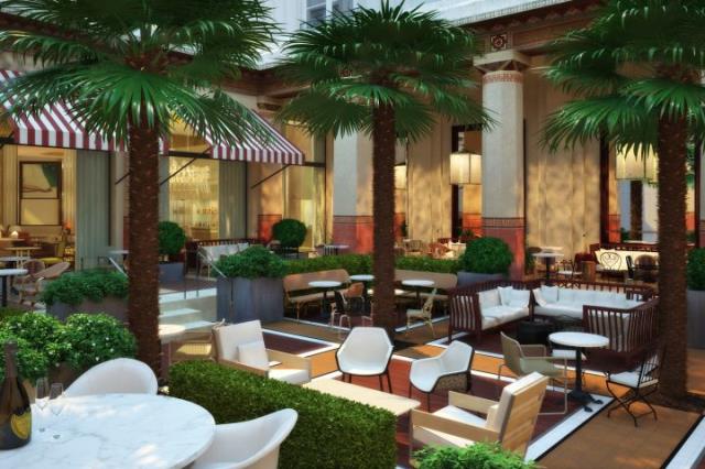 Le patio couvert de mosaïque, qui sera ouvert en été au niveau du restaurant.