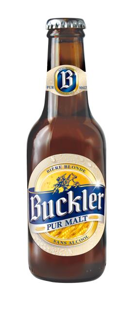 Buckler, bière blonde sans alcool, née en 1988 et présente dans plus de 70 pays, qui ne contient que 0,9 % vol.alc.