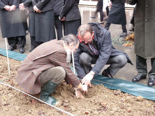 Patrice Hochard, directeur du lycée Albert de Mun (Paris, VIIe), plante un pied de vigne.