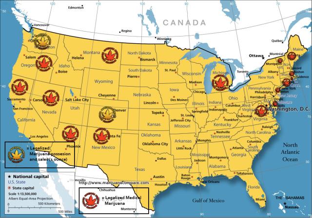 Sur cette carte des Etats-Unis, la marijuana est accepté pour raisons médicales dans un certains nombres d'états. L'expérience du Colorado et de l'état de Washington est observée avec la plus grande attention à travers le pays.