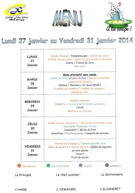 Composition du menu du 27 janvier au 31 janvier 2014 au Collège Jules Grévy à Poligny