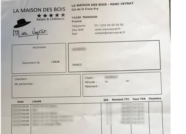 L'une des additions chez Marc Veyrat datant de 2018 et certifiée par huissier.
