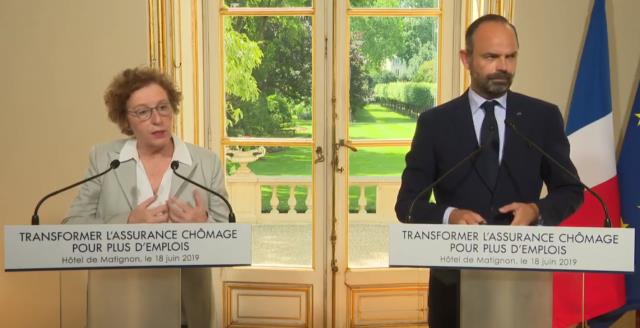 Muriel Pénicaud, ministre du Travail, et Edouard Philippe, Premier ministre, ont détaillé la réforme de l'assurance chômage, le 18 juin, à Matignon.