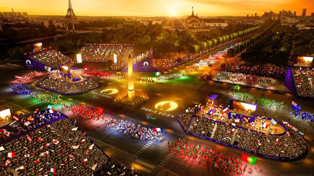 Vue 3D de la parade des athlètes lors de la cérémonie d'ouverture des Jeux olympiques et paralympiques de Paris 2024.
