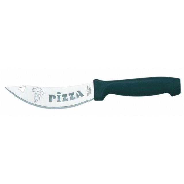 Le couteau à pizza : la lame arrondie, dentelée, haute et courbe permet une coupe nette et précise, même pour les pâtes les plus épaisses. Il existe aussi un couteau à pizza avec une roulette.