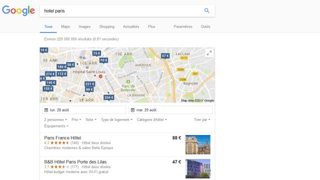 Les résultats de recherche pour 'hôtel Paris' affichent en premier plan les produits Google