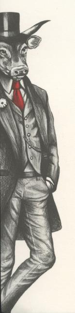 Un personnage pour symboliser la marque (un boeuf élégant, dandy en costume et chapeau haut de forme)