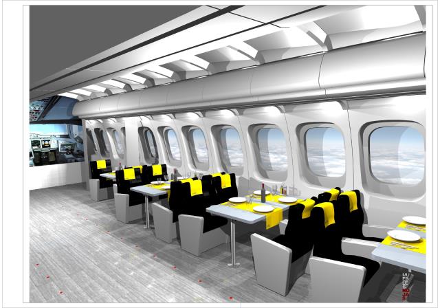 Le concept original repose sur le thème de l'aviation. Ici la cafétéria.