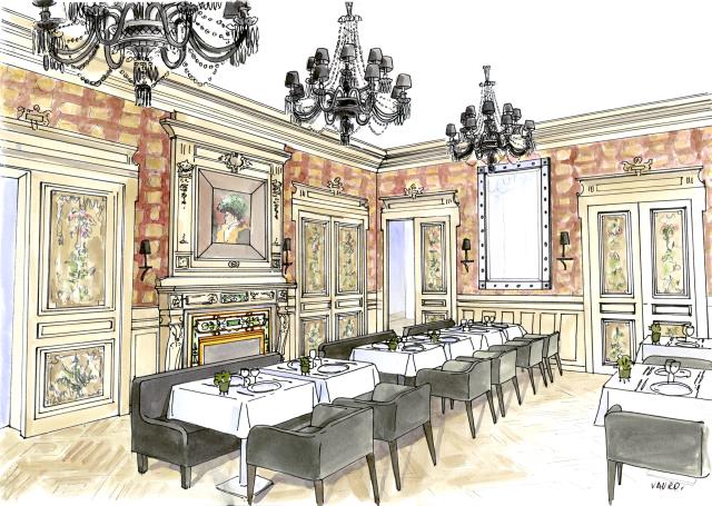 Esquisse représentant la salle principale du restaurant, au rez-de-chaussée.