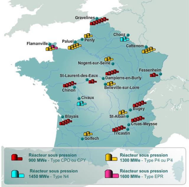 La carte des centrales nucléaires en France. Source ASN