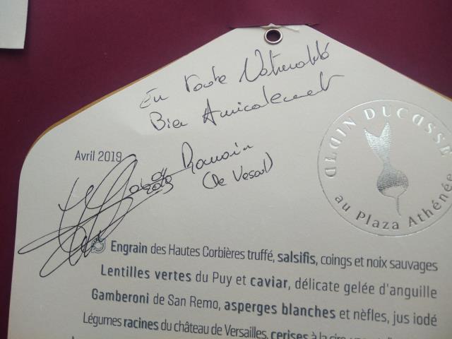 Romain Meder au Plaza Athénée et sa dédicasse