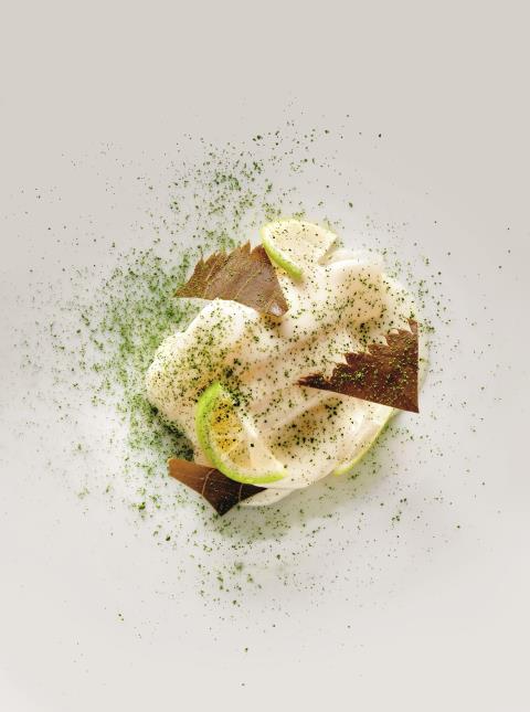 Saint-jacques, feuille de cerisier, lait de bufflonne, limequat, matcha.