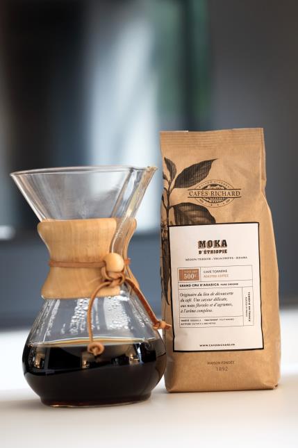 Le Moka Ethiopie préparé dans une carafe Chemex à découvrir sur le stand.