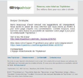 Exemple de confirmation de suppression des avis suite à un changement de propriétaire ou à une rénovation. Exemple de confirmation de suppression des avis suite à un changement de propriétaire ou à une rénovation.