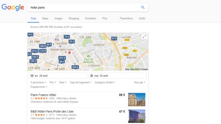 Les résultats de recherche pour 'hôtel Paris' affichent en premier plan les produits Google Les résultats de recherche pour 'hôtel Paris' affichent en premier plan les produits Google