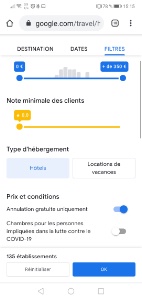 Le filtre 'annulation gratuite' dans Google Travel permet de voir uniquement les hôtels garantissant cette option. Le filtre 'annulation gratuite' dans Google Travel permet de voir uniquement les hôtels garantissant cette option.
