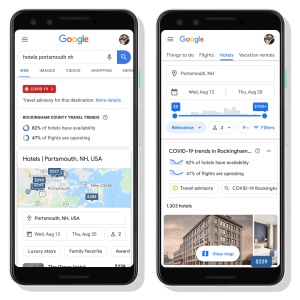 La plateforme de Google affichera le pourcentage d'hôtels ouverts et de vols confirmés. La plateforme de Google affichera le pourcentage d'hôtels ouverts et de vols confirmés.