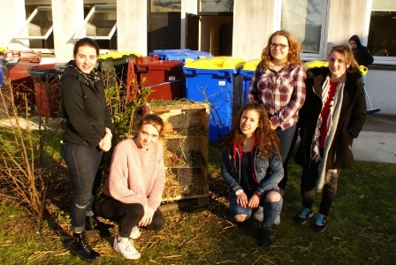 Un groupe d'élèves devant un hôtel à insectes Un groupe d'élèves devant un hôtel à insectes