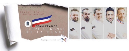 De gauche à droite : Franck Fouchereau - Chef de production chez Alain Chartier, MOF glacier et Champion du Monde, à Vannes / Yoann Hasselbein - glacier chez NESS à Fréjus / Adrien Lamy, Responsable de Production Chocolaterie LAMY à Brive / Nabil Moudni, Chef Pâtissier Glacier au Fournil Gascon à Marmande / Stéphane Augé, enseignant en Organisation et Production Culinaire, MOF Glacier 2007