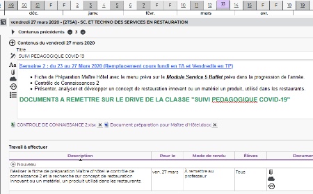 Extrait du cahier de texte numérique Pronote