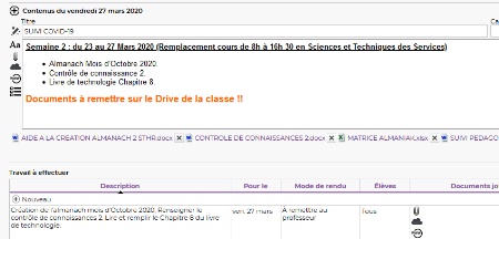 Extrait du cahier de texte numérique Pronote