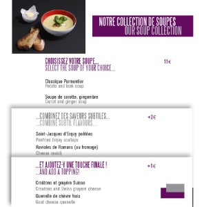 Extrait de la carte des soupes du Méridien (Paris) : le client peut personnaliser son plat avec différents toppings.