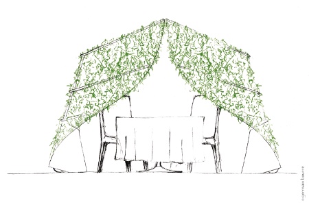 Croquis de dais végétaux dessinés par Germain Bourré pour l'ancien restaurant de Laurent Azoulay, Le Saule pleureur, à Monteux (Vaucluse).