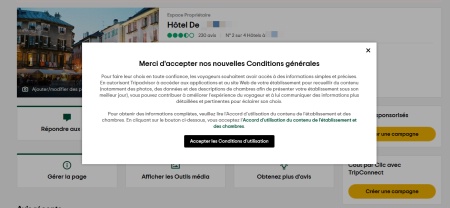 Cette fenêtre explique que Tripadvisor souhaite accéder à votre site internet et vos applications pour recueillir du contenu (photos, données, descriptions) afin de mieux présenter votre établissement.