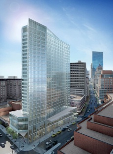 L'extérieur, tout en verre, du nouvel hôtel W à Boston.