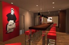 À la Mère Poulard, la couleur rouge vermillon est déclinée au niveau du restaurant traditionnel, mais aussi dans l'épicerie mange-debout.