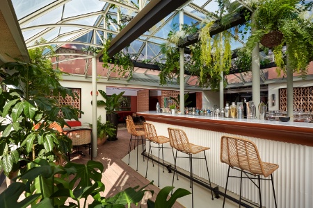 Le bar intérieur, tout en verdure et rotin