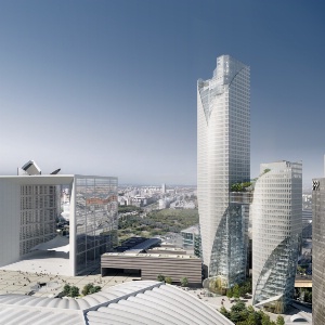 Vue aérienne du projet des Tours. le Radisson Collection Hotel & Suites Paris La Défense sera situé dans la plus petite tour
