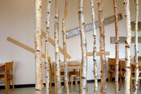 Des bouleaux comme cloisons entre les tables d'une cafétéria, réalisée par les architcetes d'intérieur Christine et Nicola Borella.
