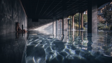 Le Yonaguni spa propose une piscine de 18 mètres de long avec baie vitrée ouverte sur le jardin.