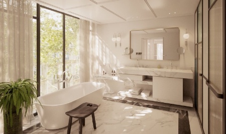 Une salle de bains de l'hôtel Kimpton St Honoré Paris. Une salle de bains de l'hôtel Kimpton St Honoré Paris.